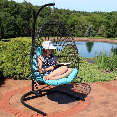 Image showing  Outdoor Resin Wicker Patio Julia Hanging Basket Egg Chair with Cushions, Headrest & Steel Stand Set, Blue, 3pc