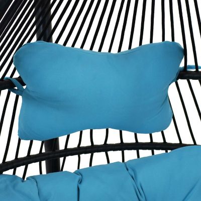 Image showing  Outdoor Resin Wicker Patio Julia Hanging Basket Egg Chair with Cushions, Headrest & Steel Stand Set, Blue, 3pc