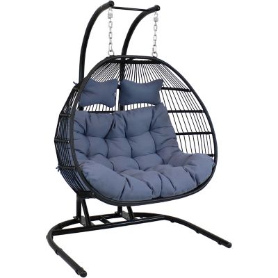 Sunnydaze Decor Liza Hanging Outdoor Egg Chair Loveseat Swing with Cushions, Headrest, and Steel Stand Set - Gray - 3pc