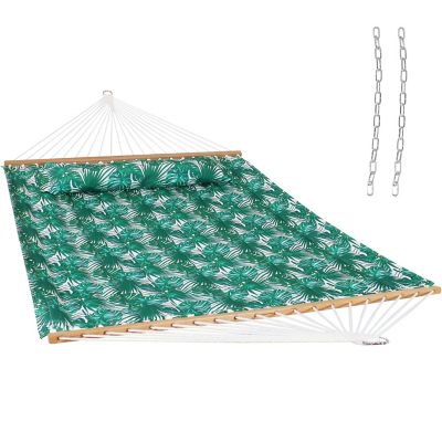 Sunnydaze Decor 2-Person Quilted Printed Fabric Spreader Bar Hammock/Pillow with S Hooks, 450 lb Capacity, Green Palm Leaves