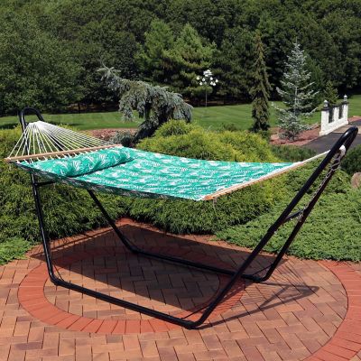Image showing  2-Person Quilted Printed Fabric Spreader Bar Hammock/Pillow with S Hooks, 450 lb Capacity, Green Palm Leaves