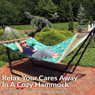 Image showing  2-Person Quilted Printed Fabric Spreader Bar Hammock/Pillow with S Hooks, 450 lb Capacity, Green Palm Leaves