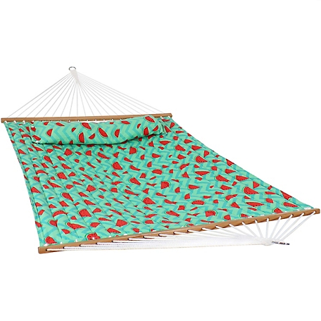 Sunnydaze Decor 2-Person Quilted Printed Fabric Spreader Bar Hammock and Pillow