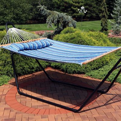 Image showing  2-Person Fabric Spreader Bar Hammock and Pillow - Breakwater Stripe