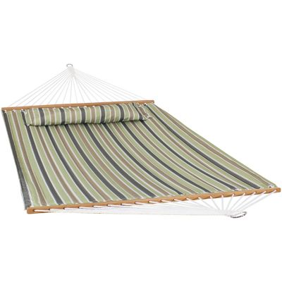 Sunnydaze Decor 128 in. 2-Person Quilted Printed Fabric Spreader Bar Hammock/Pillow with S Hooks, 450 lb. Capacity, Khaki Stripe