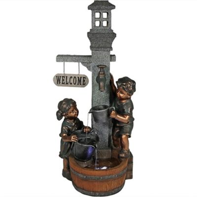 Sunnydaze Decor 40 in. 2-Tier Outdoor Electric Polyresin Children Playing with Water Faucet Water Fountain with LED Lights