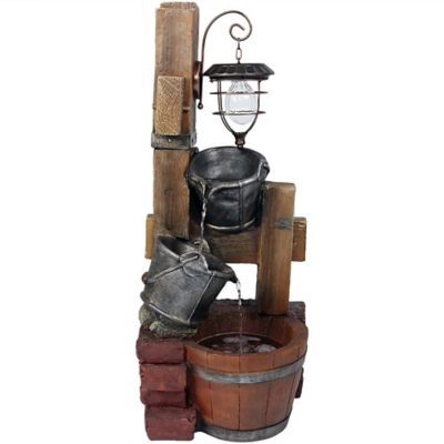 Sunnydaze Decor 34 in. Rustic Pouring Buckets Outdoor Water Fountain and Solar Lantern