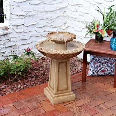 Image showing  28 in. 2-Tier Outdoor Electric Polyresin Beveled Flower Bird Bath Water Fountain