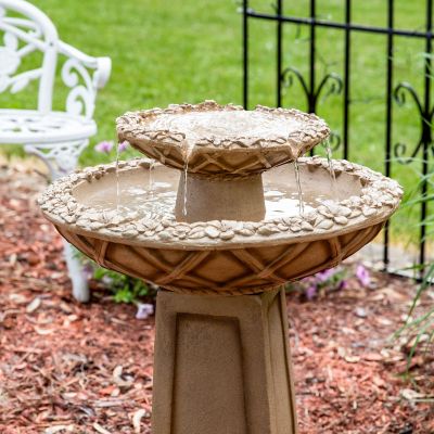 Image showing  28 in. 2-Tier Outdoor Electric Polyresin Beveled Flower Bird Bath Water Fountain