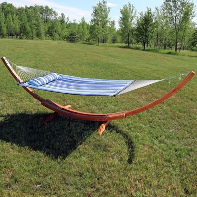 Image showing  142.5 in. Solid Wood Curved Hammock Stand with Hooks and Chains, 400 lb. Capacity, 142.5 in. x 50 in. x 51 in.