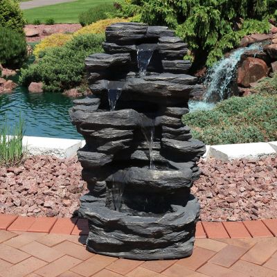 Image showing  39 in. H Electric Polystone Rock Falls Waterfall Outdoor Water Fountain with LED Lights, XCA-132311002