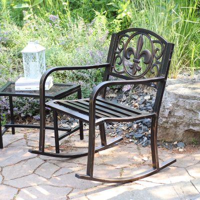 Image showing 9 th Sunnydaze Decor Traditional Fleur-de-Lis Design Cast Iron and Steel Outdoor Rocking Chair