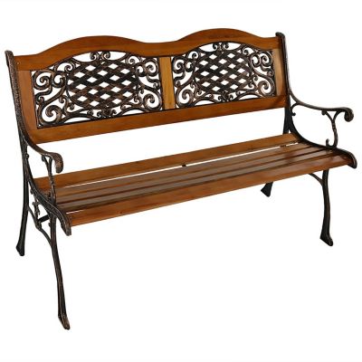 Sunnydaze Decor Ivy Crossweave Cast-Iron Wood Patio Bench, 49 in.