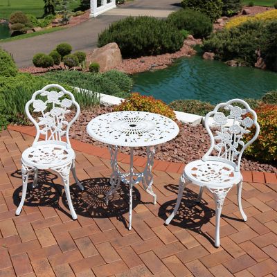 Image showing  3 pc. Outdoor White Flower Designed Cast-Aluminum Bistro Set