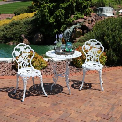 Image showing  3 pc. Outdoor White Flower Designed Cast-Aluminum Bistro Set