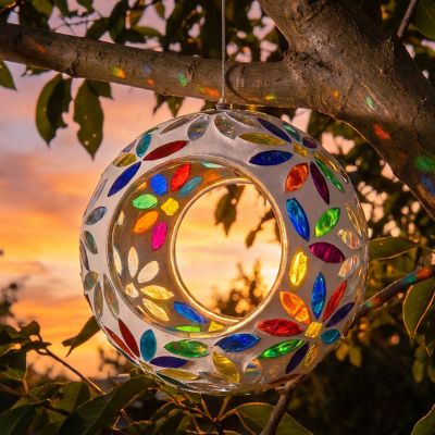 Image showing  Round Mosaic Glass Hanging Bird Feeder, 6 in., Rainbow Daisies