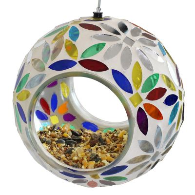 Image showing  Round Mosaic Glass Hanging Bird Feeder, 6 in., Rainbow Daisies