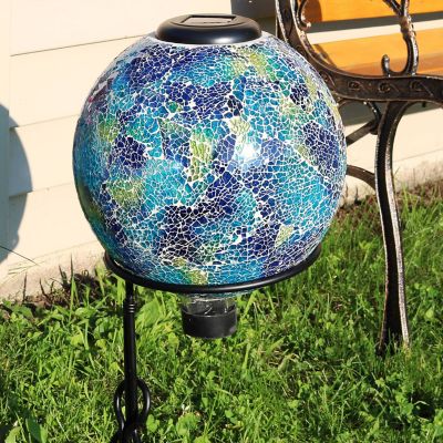 Image showing  10 in. x 11.75 in. Crackled Glass Azul Terra Garden Gazing Globe with LED Solar Light, Blue/Green