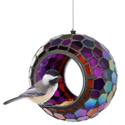 Sunnydaze Decor Round Mosaic Glass Hanging Bird Feeder, 1 Cup Capacity, 6 in.