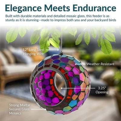 Image showing  Outdoor Garden Patio Round Glass with Mosaic Design Hanging Fly-Through Bird Feeder, 7 in., Purple