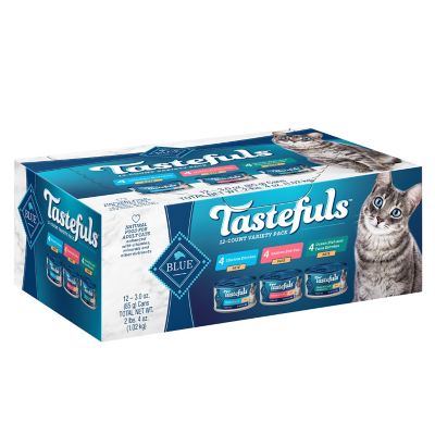 Blue Buffalo Tastefuls Adult All-Natural Salmon, Chicken, Fish and Tuna Pate Wet Cat Food Variety Pack, 3 oz. Can, Pack of 12