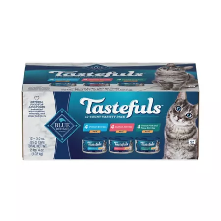 Blue Buffalo Tastefuls Adult All-Natural Salmon Chicken Fish and Tuna Pate Wet Cat Food Variety Pack 3 oz Pack of 12 Cans Wet Cat Food