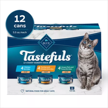 Blue Buffalo Tastefuls Adult All-Natural Chicken Turkey Fish and Tuna Paté Wet Cat Food Variety pk 5.5 oz Pack of 12 Cans Wet Cat Food