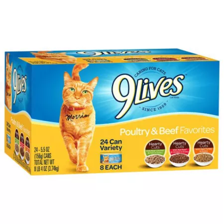 9Lives Variety Pack of Nutrient-Enriched Wet Cat Food for Adults Ground Beef Chicken and Turkey 5.5 oz 24-Pack Can Wet Cat Food