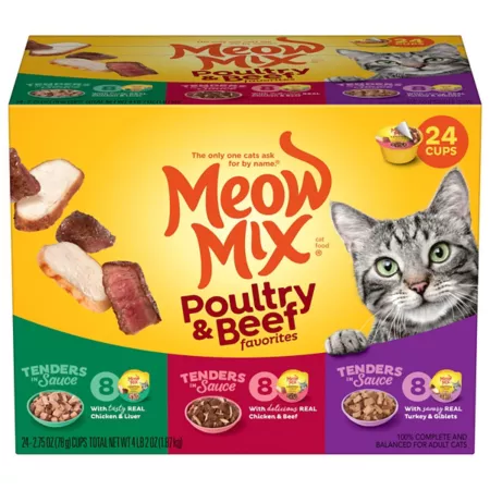 Meow Mix All Life Stages Tender Poultry and Beef Favorites in Gravy Wet Cat Food Variety Pack 2.75 oz 24 Cup Pack Wet Cat Food