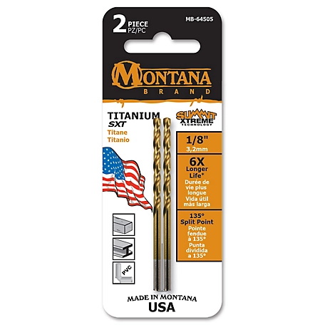 Montana Brand Tools 1/8 in. Titanium Round Shank Drill Bits, Precision CNC Machined High Speed Steel, 2 pc.