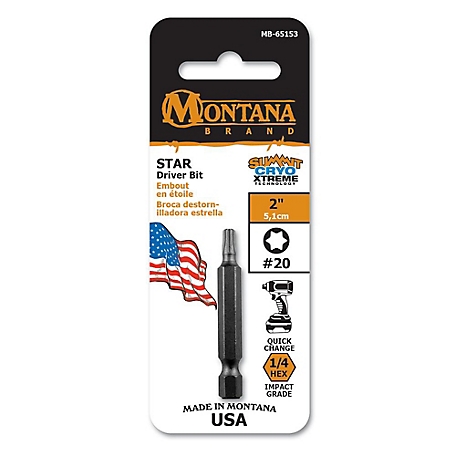 Montana Brand Tools #20 Star Driver Bit, 2 in., Impact Grade, Cryogenically Treated