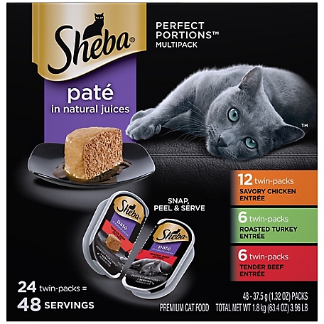 Sheba All Life Stages Grain-Free Chicken, Beef and Turkey Pate Wet Cat Food Variety Pack, 2.6 oz. Tray, Pack of 24
