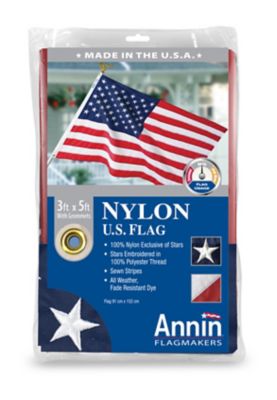 Annin Nylon USA Flag, 3 ft. x 5 ft., Sewn Stripes, Embroidered Stars, Brass Grommets