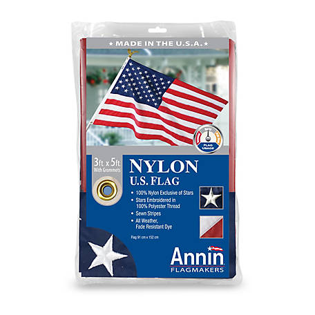 Annin Nylon USA Flag, 3 ft. x 5 ft., Sewn Stripes, Embroidered Stars, Brass Grommets