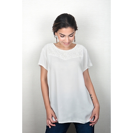 Ribbon Heart Short-Sleeve Top with Lace Neckline