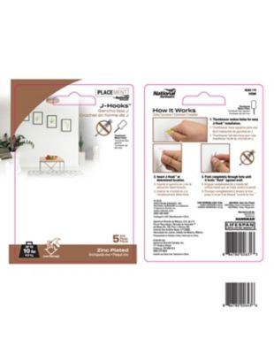 Image showing  10 lb. J-Hooks with Push Pin, Zinc-Plated, 5-Pack