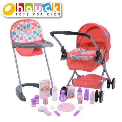 Hauck 17 Piece Folding Pram High Chair with Toy Baby Doll Set