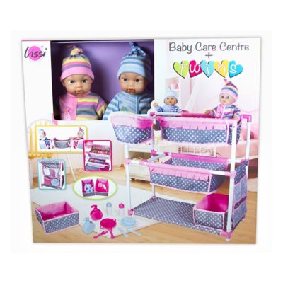 Image showing  Baby Care Center for Twins with 2 Toy Baby Dolls and Feeding Accessories