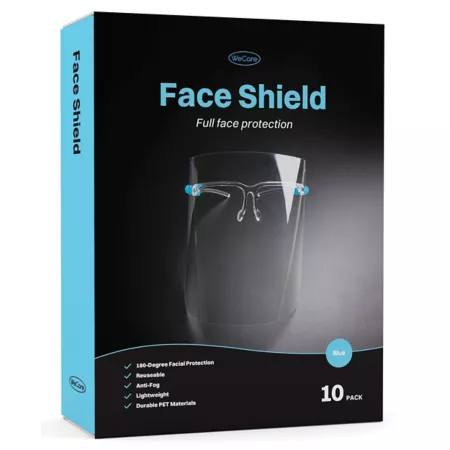 WeCare Full Face Shields Blue/Clear Frame Clear Lens Cleaning Cloth 10 Pack Face Shields