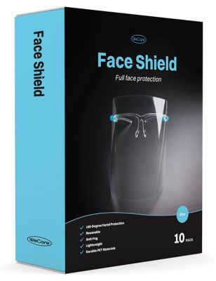 Image showing  Full Face Protection Shields, Blue/Clear Frame, Clear Lens, Cleaning Cloth, 10-Pack