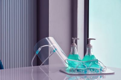 Image showing  Full Face Protection Shields, Blue/Clear Frame, Clear Lens, Cleaning Cloth, 10-Pack