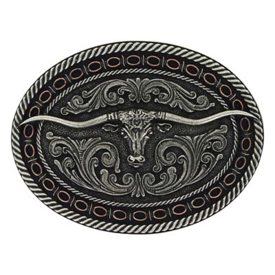 Montana Silversmiths 2-Tone Antiqued Round Barbed Longhorn Attitude Belt Buckle, A742