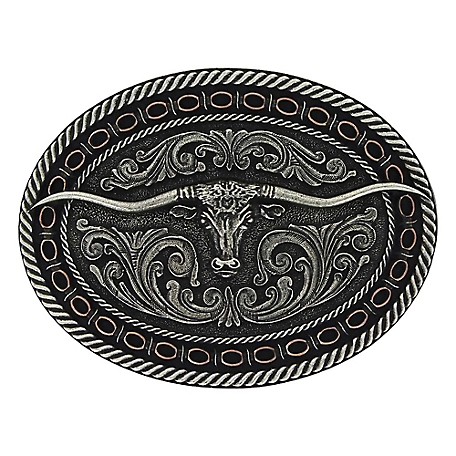 Montana Silversmiths 2-Tone Antiqued Round Barbed Longhorn Attitude Belt Buckle, A742