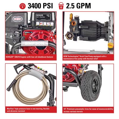 Image showing 8 th SIMPSON 3,400 PSI 2.5 GPM Gas Cold Water MegaShot Pressure Washer with Kohler SH270 Engine, 10 in. Premium Tires