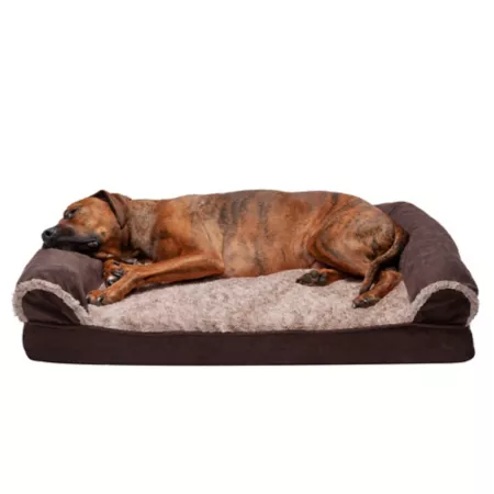 FurHaven 2-Tone Faux Fur and Suede Dog Sofa Bed with Cooling Gel Top Bolster Dog Beds