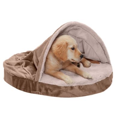Image showing 9 th FurHaven Wave Fur and Velvet Memory Foam Hooded Snuggery Cave Dog Bed