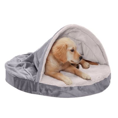 Image showing 9 th FurHaven Wave Fur and Velvet Memory Foam Hooded Snuggery Cave Dog Bed