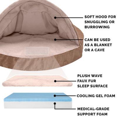 Image showing  Wave Fur and Velvet Cooling Gel Foam Snuggery Hooded Cave Dog Bed
