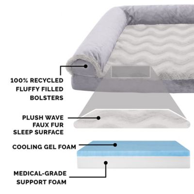 Image showing 2 th FurHaven Wave Fur and Velvet Cool Gel Top Deluxe L-Chaise Sofa Dog Bed