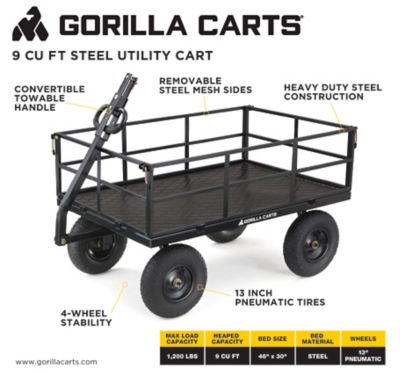 Image showing  9 cu. ft. 1,200 lb. Capacity Heavy-Duty Steel Utility Cart with Removable Sides and 13 in. Tires, Black